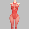Red Sheer Striped Halter Neck Bodystocking | Form-Fitting Stretchy Full-Body Lingerie for Date Night, Clubwear & Special Occasions