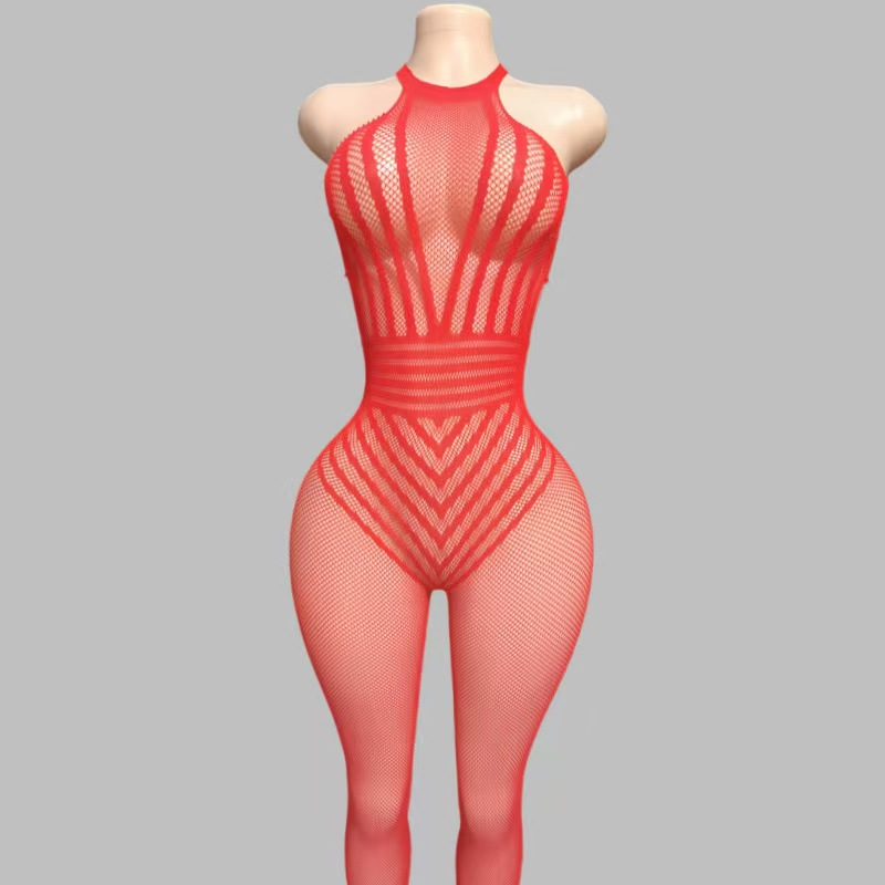 Red Sheer Striped Halter Neck Bodystocking | Form-Fitting Stretchy Full-Body Lingerie for Date Night, Clubwear & Special Occasions