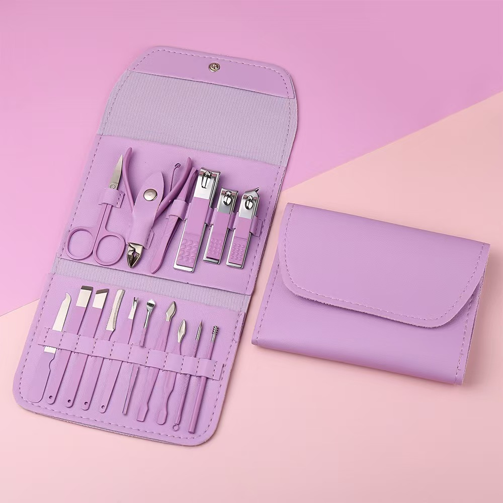 12-Piece Professional Manicure Pedicure Set with Purple Leather Travel Case | Stainless Steel Nail Clippers, Cuticle Tools & Grooming Kit for Home & Travel Use