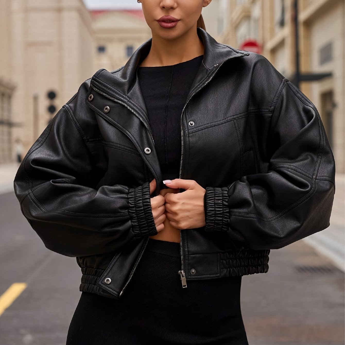 Cropped Faux Leather Jacket with a Refined Everyday Fit with Faux Leather Finish