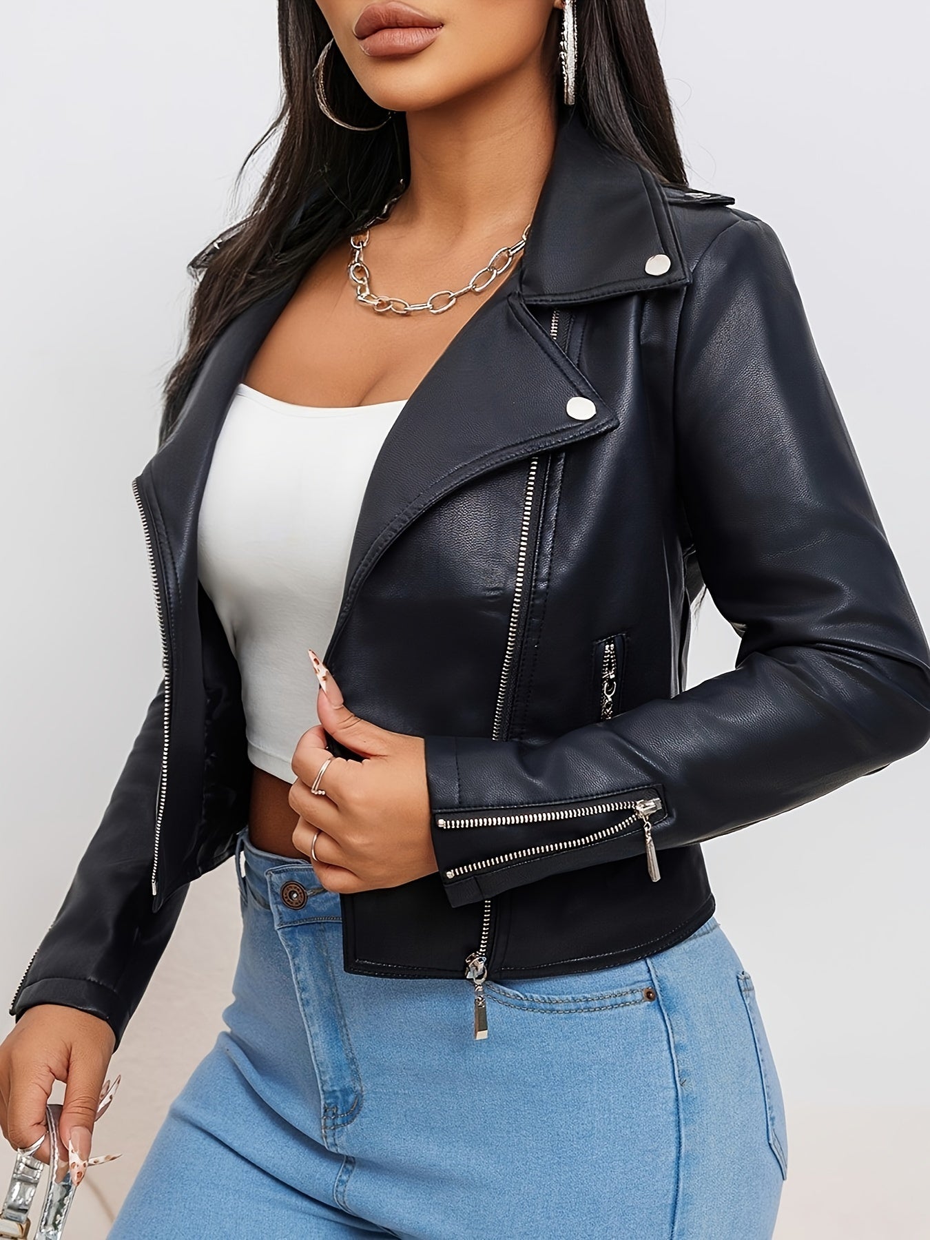 Faux Leather Moto Jacket with a Refined Everyday Fit with Faux Leather Finish