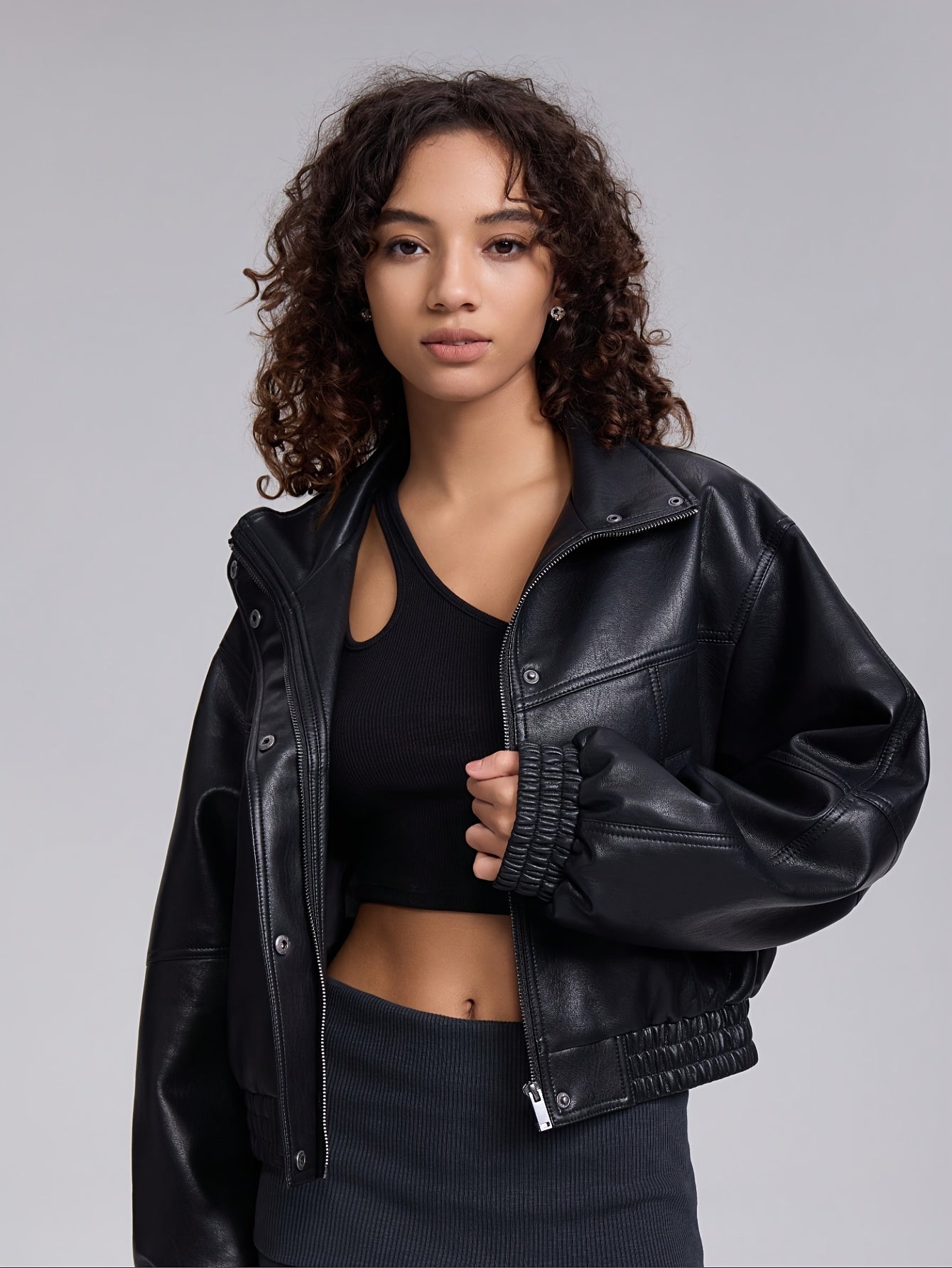 Cropped Faux Leather Jacket with a Refined Everyday Fit with Faux Leather Finish