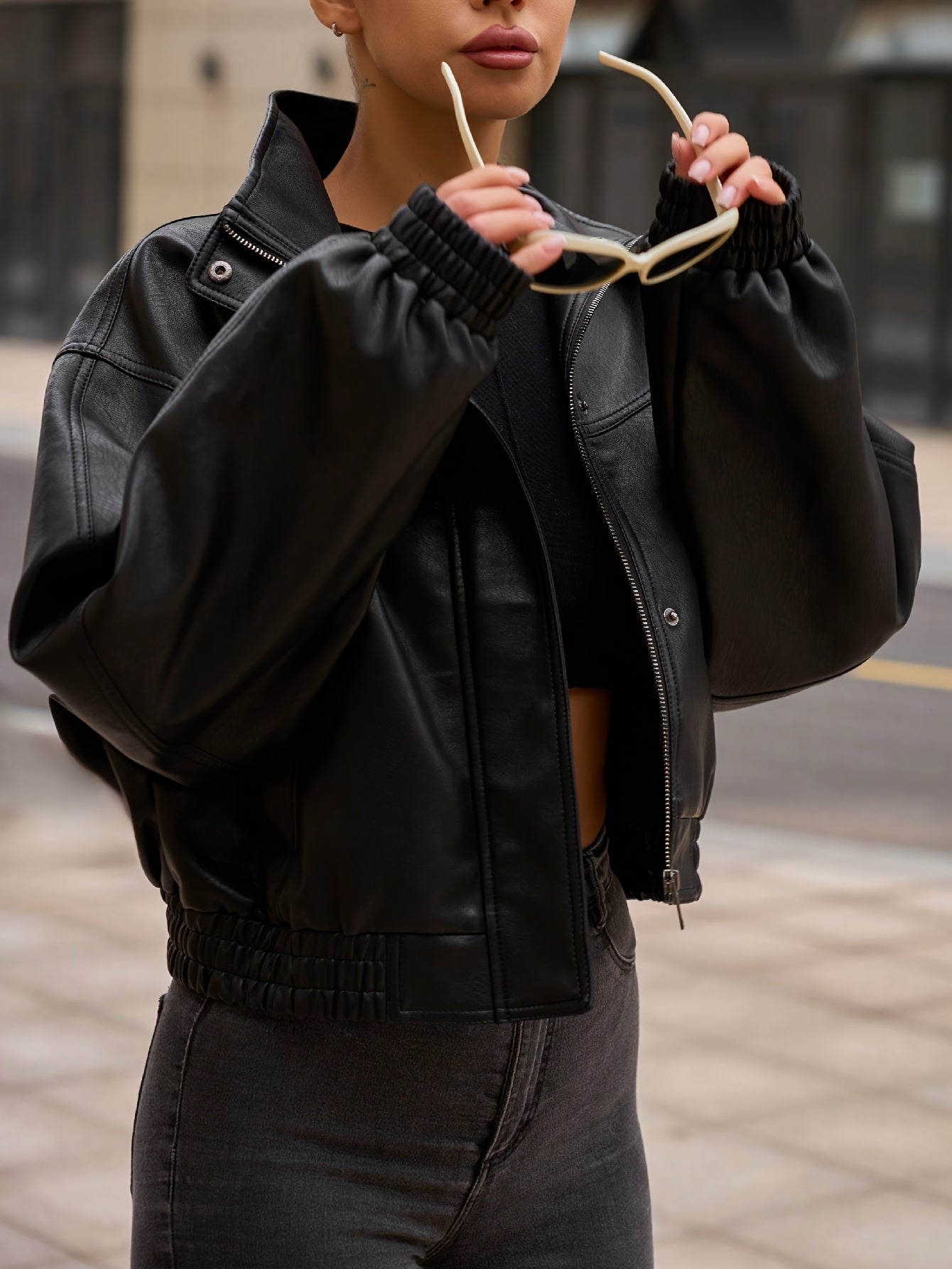 Cropped Faux Leather Jacket with a Refined Everyday Fit with Faux Leather Finish