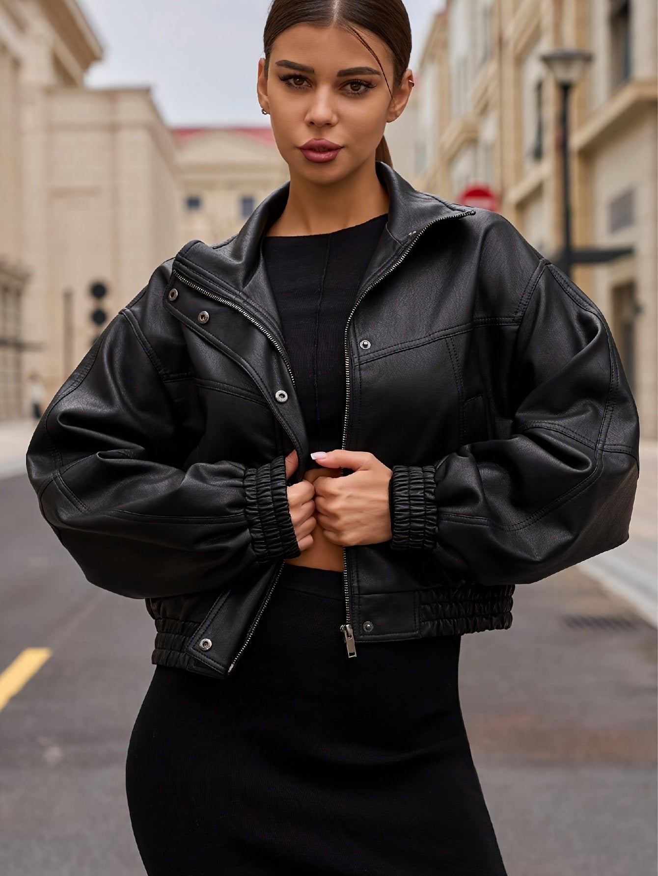 Cropped Faux Leather Jacket with a Refined Everyday Fit with Faux Leather Finish